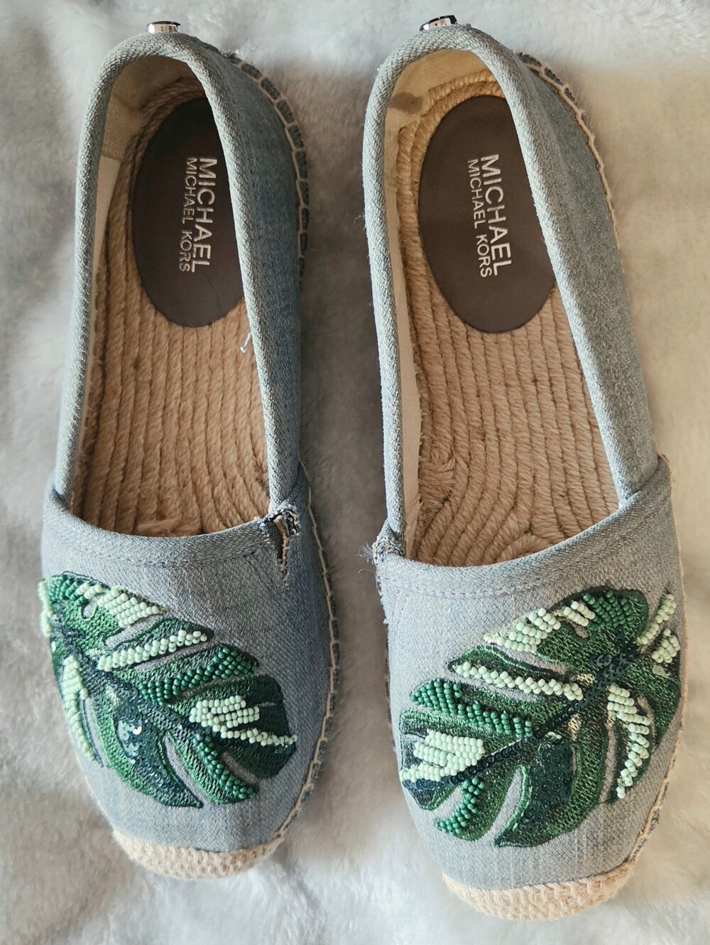 Michael Kors Gray Canvas Espadrilles with Green Leaf Bead Embroidery
